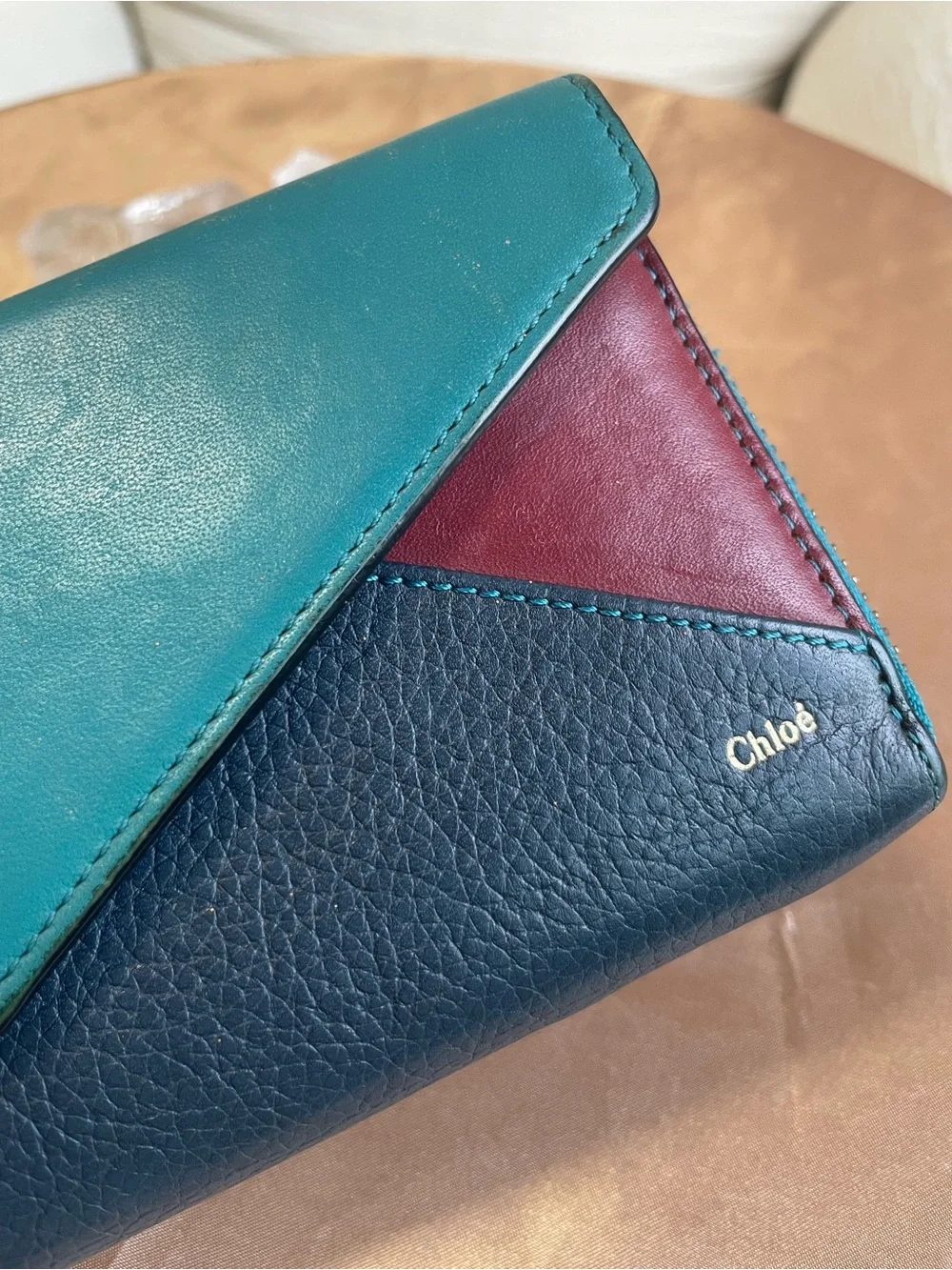 Chloé Tri-Color Leather Continental Wallet — Teal, Navy & Burgundy